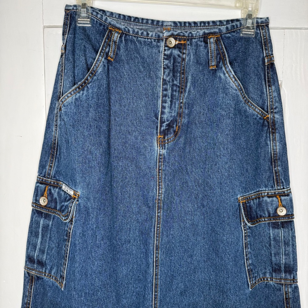 RVT Cargo Maxi Skirt Blue Denim Jean Vintage 5/6 A Line Pockets Y2K Style - Picture 2 of 6
